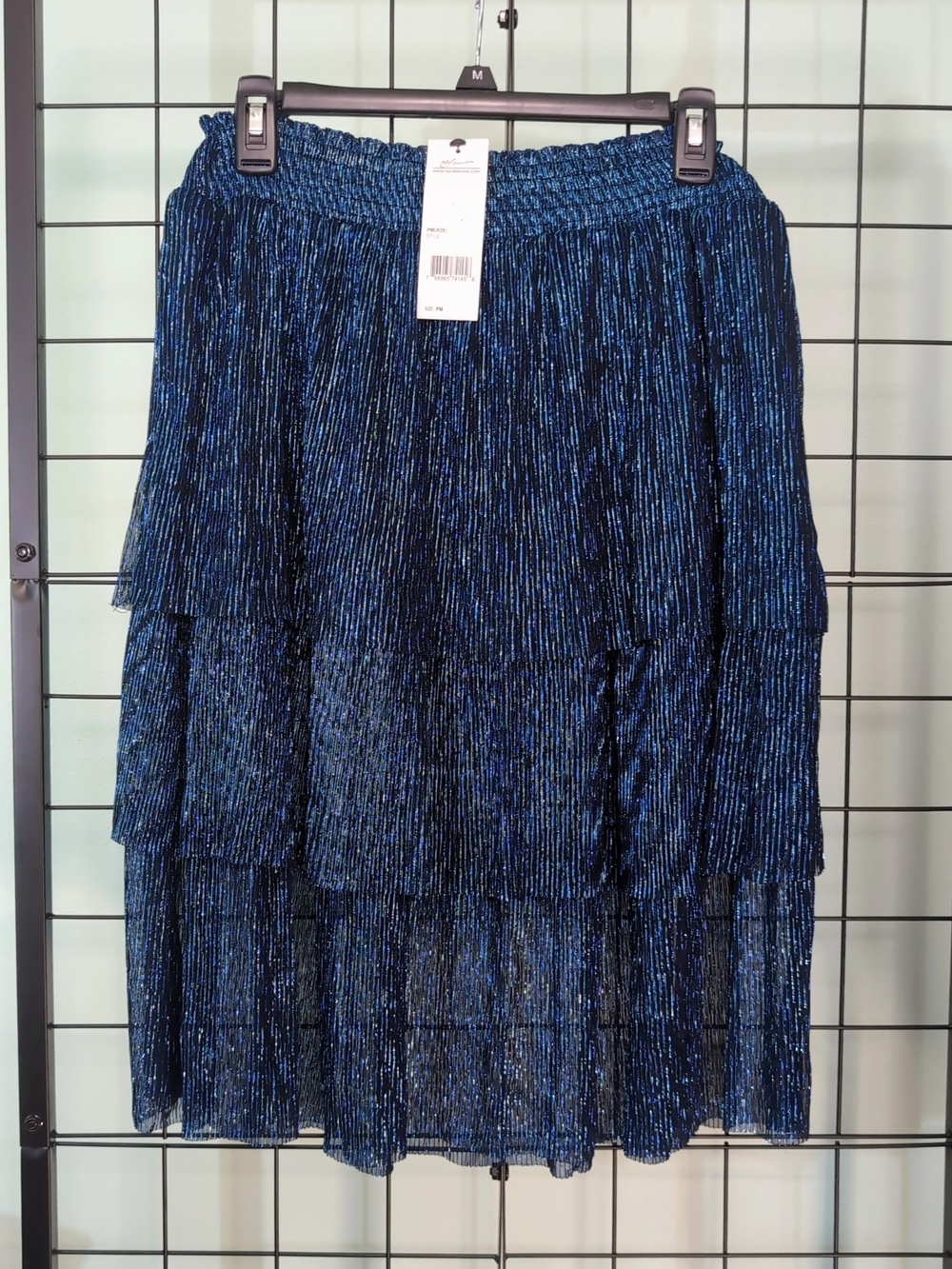 NY Collection NWT Petite Medium Blue Metallic Pleated Tiered Midi Skirt